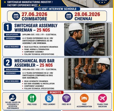 AE Switchgear Manufacturing Industry hiring Switchgear Assembly Wiremen and Mechanical Bus Bar