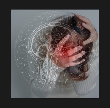 a woman with a headphones on her head and a brain map of a brain