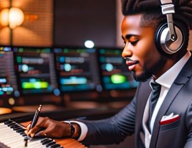 a man in a suit and headphones is playing music on a keyboard