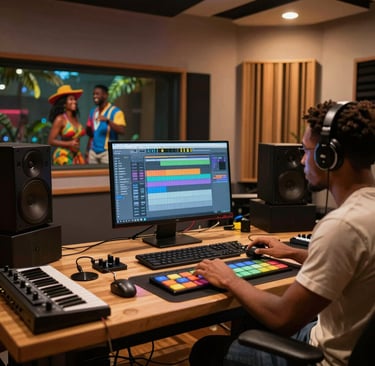 A music producer wearing headphones works on a digital audio workstation in a professional recording studio.