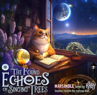 Orange cat wearing round glasses sits at a wooden desk by a window, writing a poem under starry sky