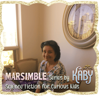 Author's photo beside window and golden clock, framed with Marsimble sci-fi series for curious young readers.