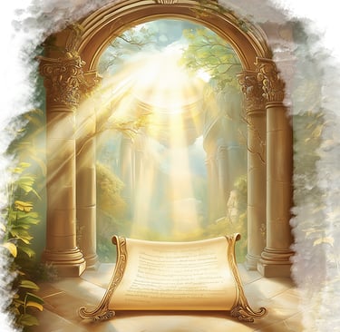 Magical scroll on leafy forest floor surrounded by vines and golden light in enchanted glade.