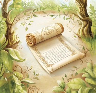 Golden scroll beneath sunlit archway in ancient forest temple glowing with radiant morning light.