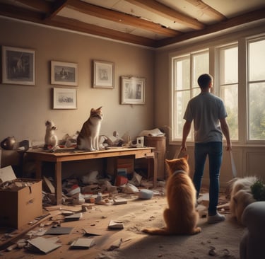 cat and dog destroys home