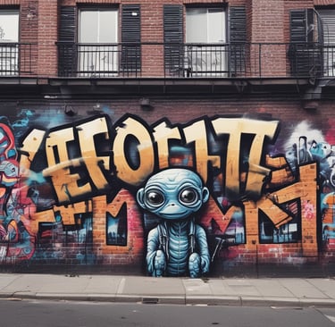 A vibrant graffiti artwork features the words 'Hip Hop' in bold, stylized lettering. The text is highlighted with an orange paint splash and is accompanied by a small silhouette of a person, dynamically depicted in motion. The background consists of blue geometric shapes with black outlining.
