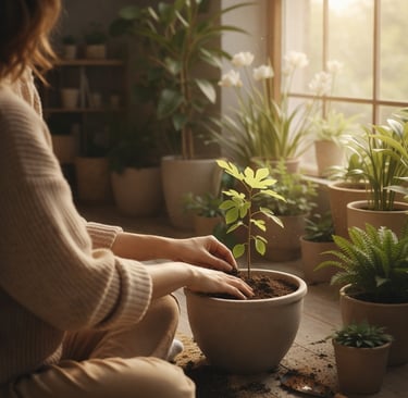 Imagem de uma mulher plantando em um vaso simboliznado a mudança.