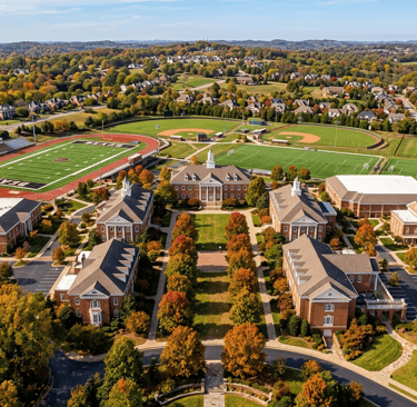 Aerial view of a private school campus near Cherokee Park Duplex in Nashville's West End