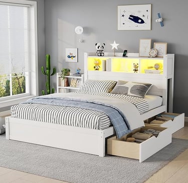 White bed frame with pull-out storage drawers and LED headboard shelving — space-saving  furniture