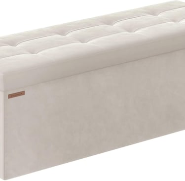 Beige tufted velvet storage ottoman bench with a foldable design for bedroom or living room organization.