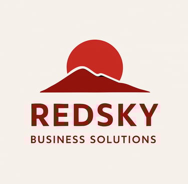 a red sky business logo with a mountain in the background