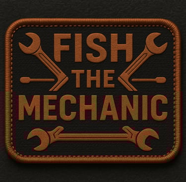 a brown leather patchwork logo on a black background