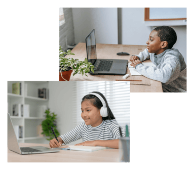 Children sit in front of laptops for online tutoring sessions 