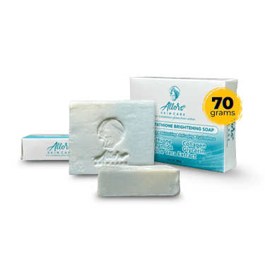 Allors Skin Care Glutathione Brightening Soap with aloe vera, glycerin, and collagen, featuring white bar and packaging.