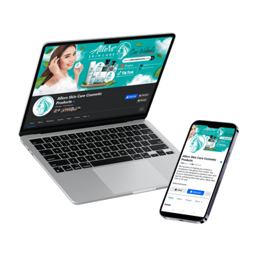 Laptop and smartphone display Allors Skin Care Cosmetic Products social media page with branding and product images.