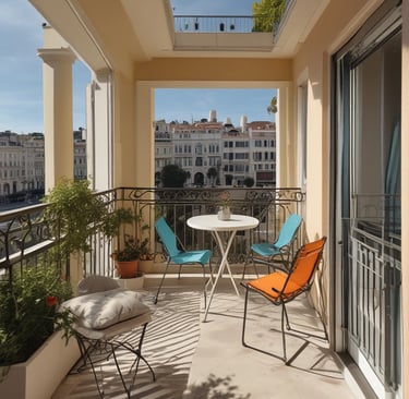 A picturesque coastal scene featuring swimmers enjoying the calm, blue water. In the backdrop, colorful buildings with a mix of architectural styles are nestled among lush green foliage. A hotel named Metropole is prominently visible, and people are relaxing by the waterfront, which is lined with lounge chairs and umbrellas.
