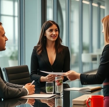 a woman in a business suit with a man in a suit