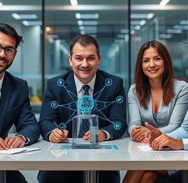 a group of business people sitting at a table with a tablet
