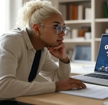 a woman sitting at a desk with a laptop computer