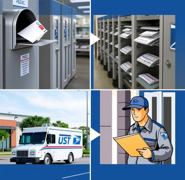The journey of mail through the USPS system, from collection to delivery.