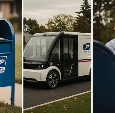 "Iconic elements of the U.S. Postal Service, showcasing its history and modernization."