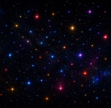 A colorful night sky filled with bright twinkling stars, cosmic nebulae, and glowing constellations in deep space.