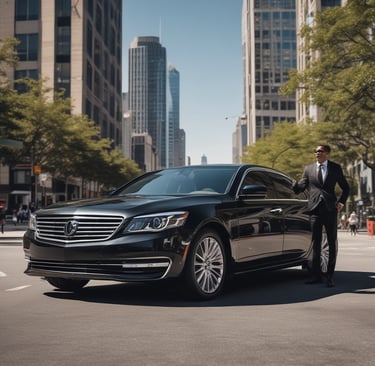 A vintage-style white limousine is parked on a quiet street, surrounded by greenery and with tall residential buildings in the background. A person in a suit stands next to the car, appearing to be engaged in some activity at the open car door.