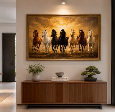 7 chevaux au galop, symbole de succès, paix et progrès