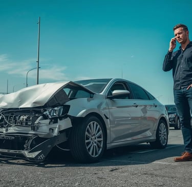 a man standing next to a car with a damaged car in the background
