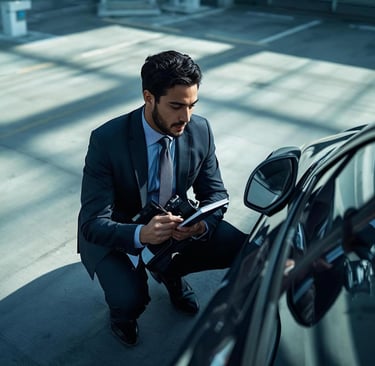 a man in a suit and tie is looking at a black car