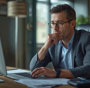 a man in a suit and glasses sitting at a desk