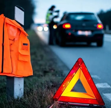 Sicherung der Unfallstelle mit Warndreieck und Warnweste