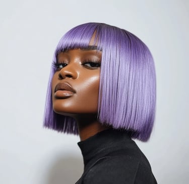 eine Frau mit violetter Perücke