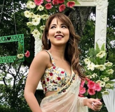 a model posing in front of our decoration