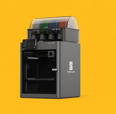 bambu Lab 3d printer met een gele achtergrond
