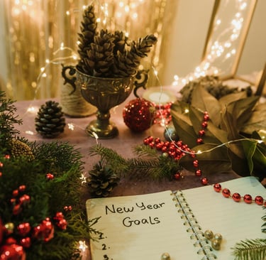 a notepad with a notepad and christmas decorations