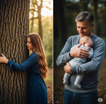Dos escenas de conexión: una persona abrazando un tronco de un árbol en un bosque  y un padre abrazando tiernamente a su beb,