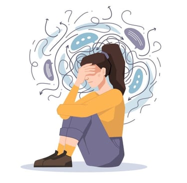 Ilustración de mujer con ansiedad y estrés, cubriendo su rostro por pensamientos confusos