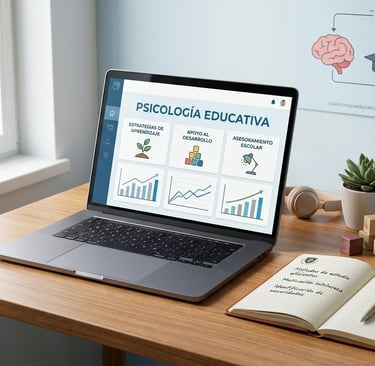 Portátil mostrando plataforma de psicología educativa, libros de texto, libreta abierta y planta sobre mesa de madera.