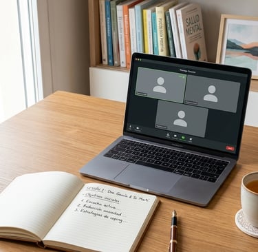 Mesa de consulta de psicología online con portátil, libreta de notas abierta, taza de té y libros al fondo