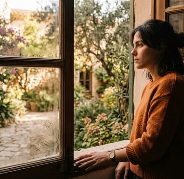 Mujer deprimida y pensativa mirando un jardín de Valencia antes de ir a terapia.