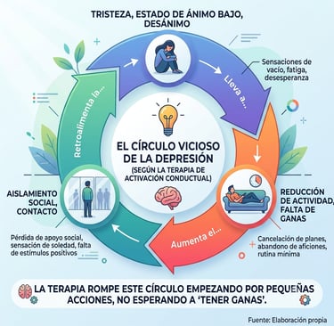 Círculo de la depresión: tristeza, inactividad y aislamiento se retroalimentan (terapia de activación conductual).