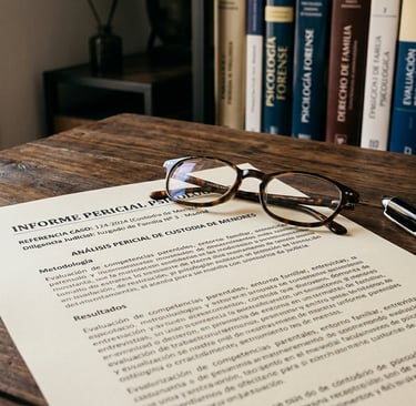 Un informe pericial sobre custodia de menores, gafas de lectura y una pluma sobre un escritorio de madera