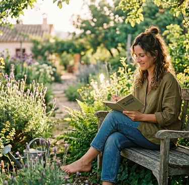 Mujer en un jardín escribiendo en su diario 'Mi jardín invisible'. Concepto de salud mental, paz y autocuidado emocional.