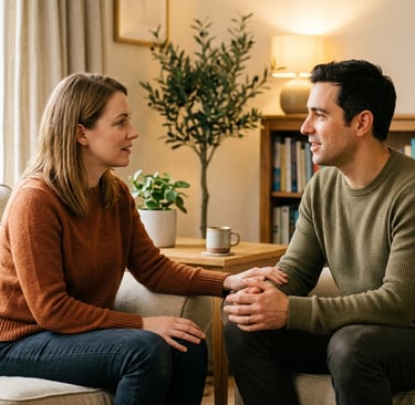 Pareja hablando en un sofá con actitud comprensiva y tomándose de las manos en un entorno cálido de terapia.
