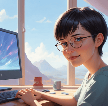 Avatar di Nicoletta mentre scrive al computer, creato con AI