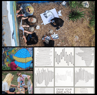 image collage of artist lead wheat paste going up, draw your breath examples and young people paint