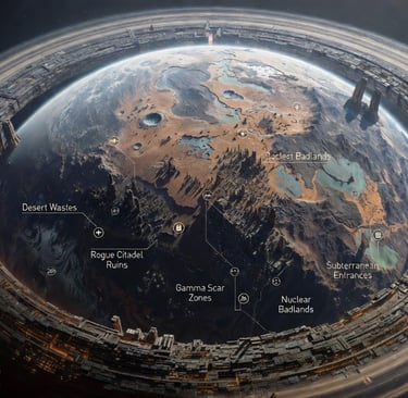 Futuristic sci-fi map of Argon 5 planet with space station ring, desert wastes, and citadel ruins.