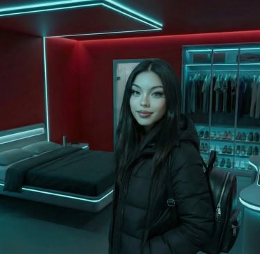 A woman in a modern bedroom with neon cyan LED lights, red walls, and a gaming desk.