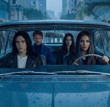 A group of survivors in a vintage car surrounded by zombies during a rainy apocalypse scene.